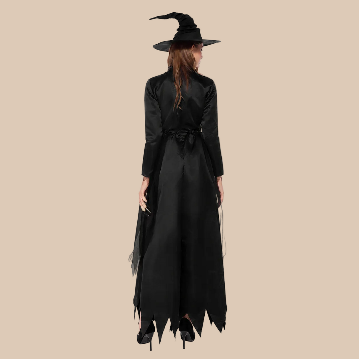 Women’s long black witch dress, back view
