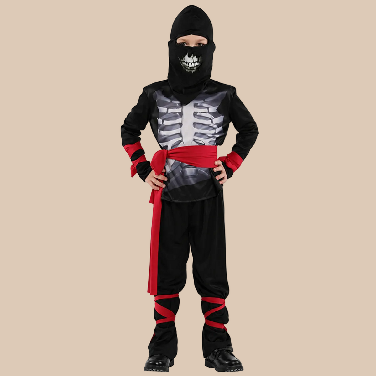 Black ninja costume with a skeleton print and red ties, front view