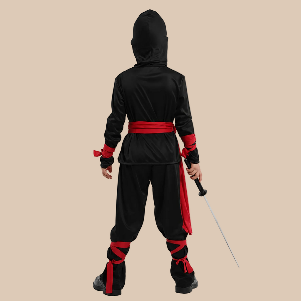 Black ninja costume with a skeleton print and red ties, back view