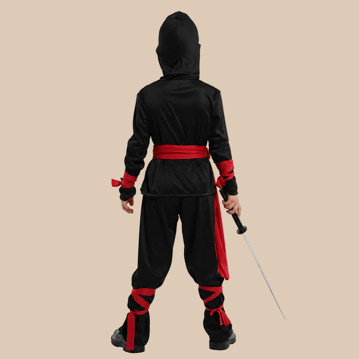 Black ninja costume with a skeleton print and red ties, back view