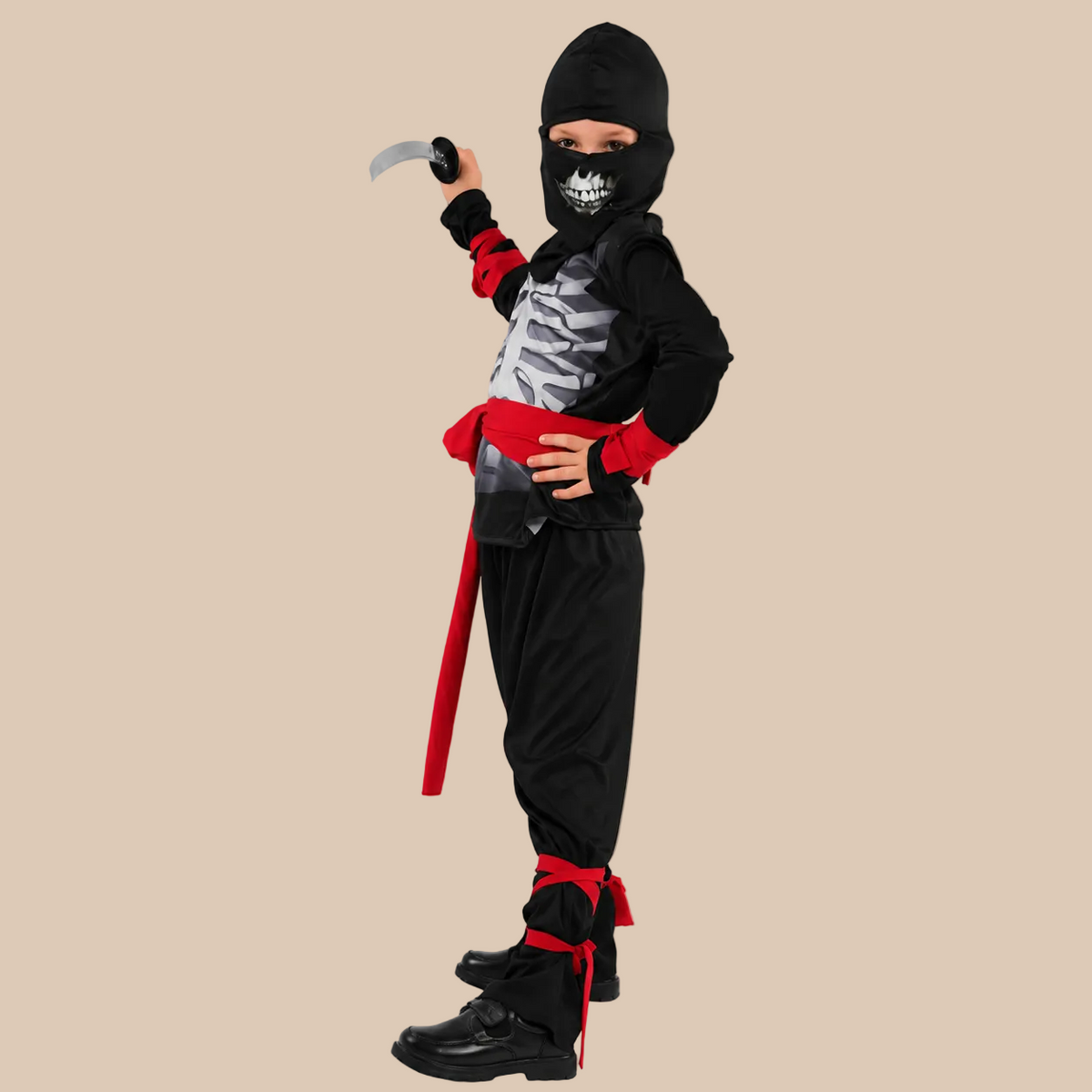 Black ninja costume with a skeleton print and red ties, side view