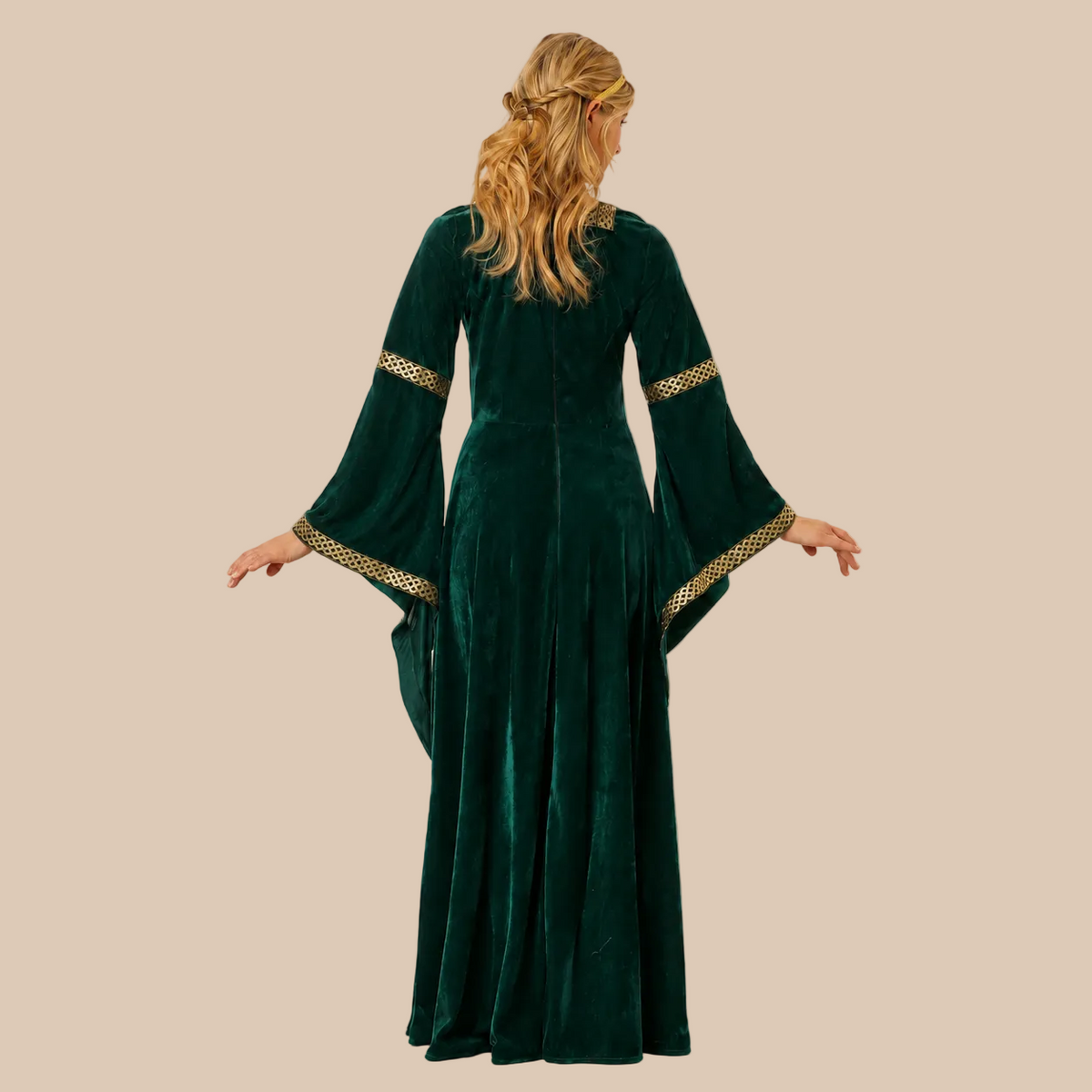 Long green dress with gold-tone trim and front lacing, back view