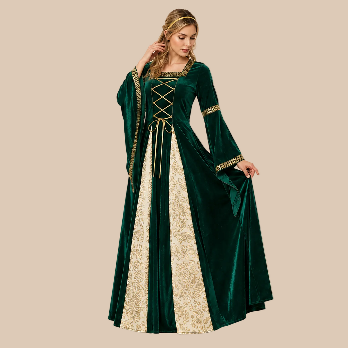Long green dress with gold-tone trim and front lacing, alternate front view