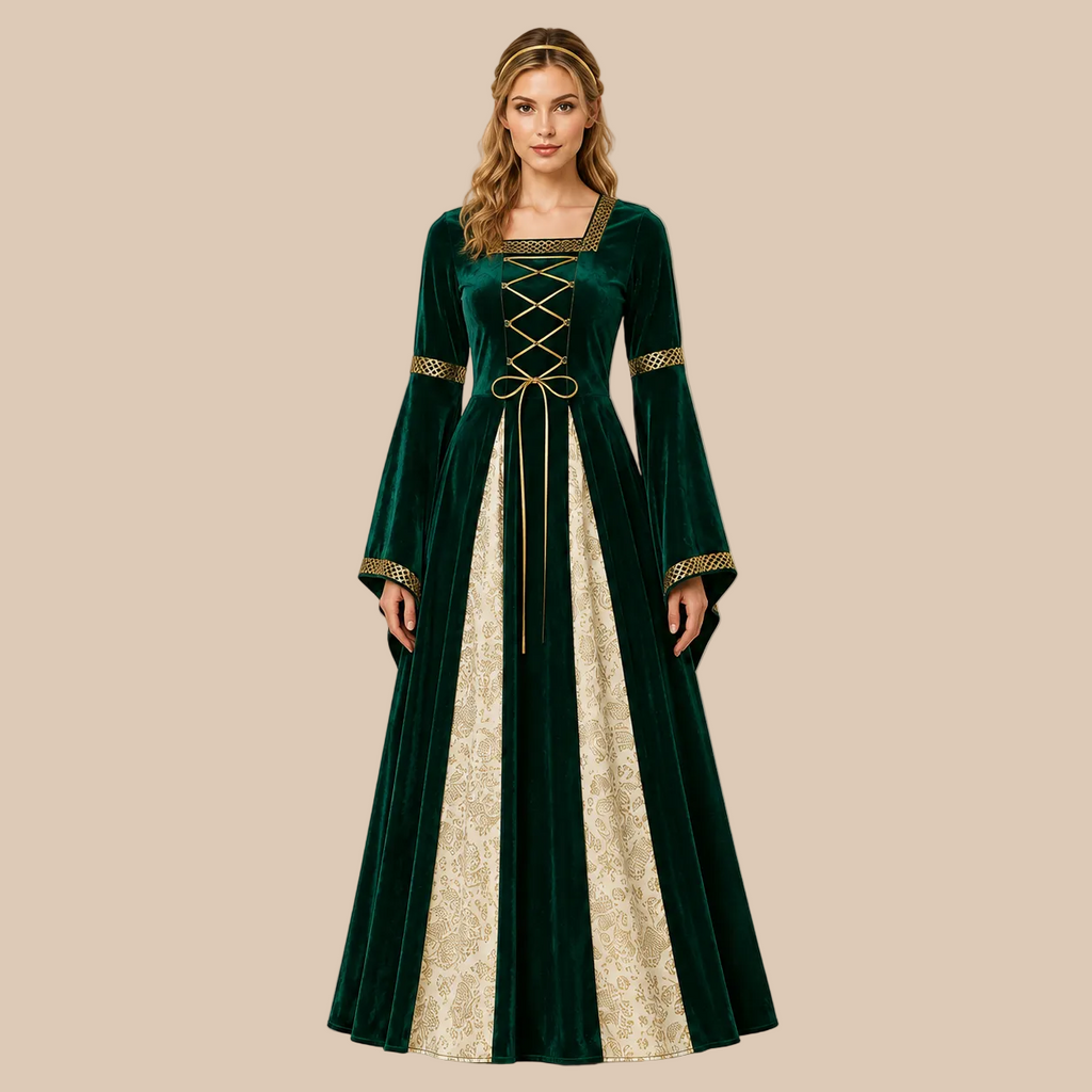 Long green dress with gold-tone trim and front lacing, front view