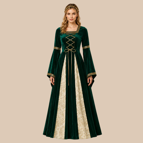 Long green dress with gold-tone trim and front lacing, front view