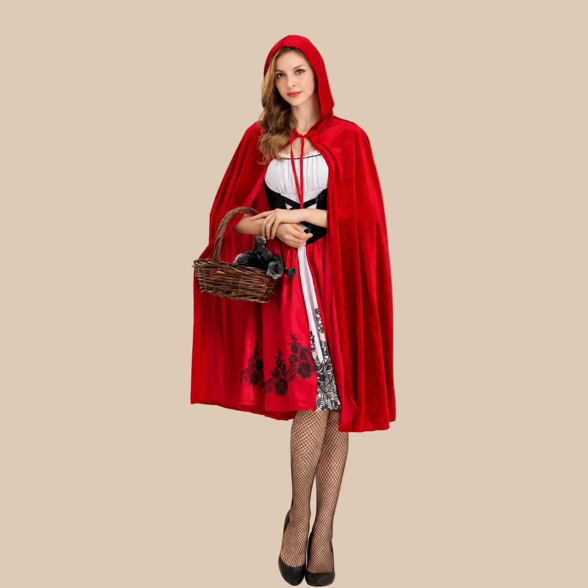 Red Riding Hood costume with a red cape and skirt, front view