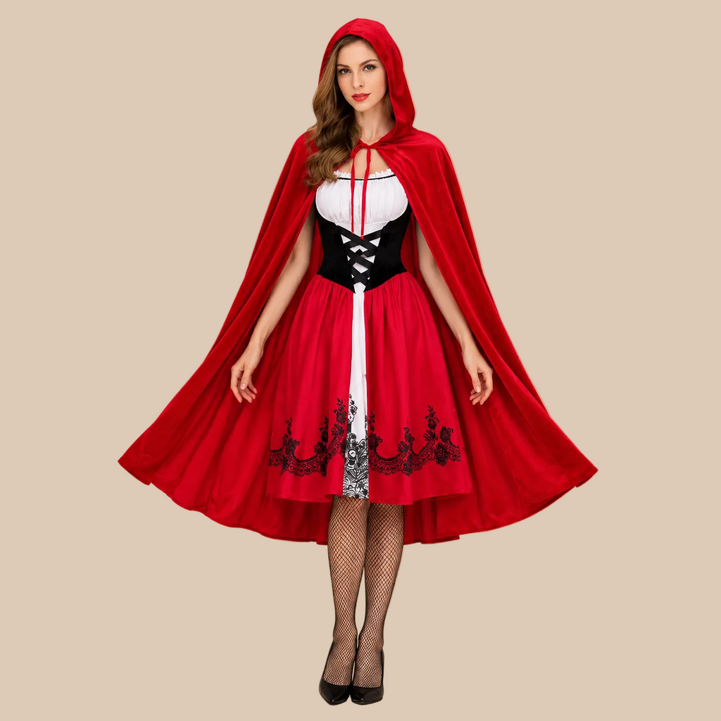 Red Riding Hood costume with a red cape and skirt, skirt shown spread out