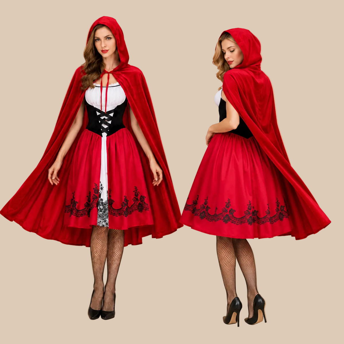 Red Riding Hood costume with a red cape and skirt, front and back views