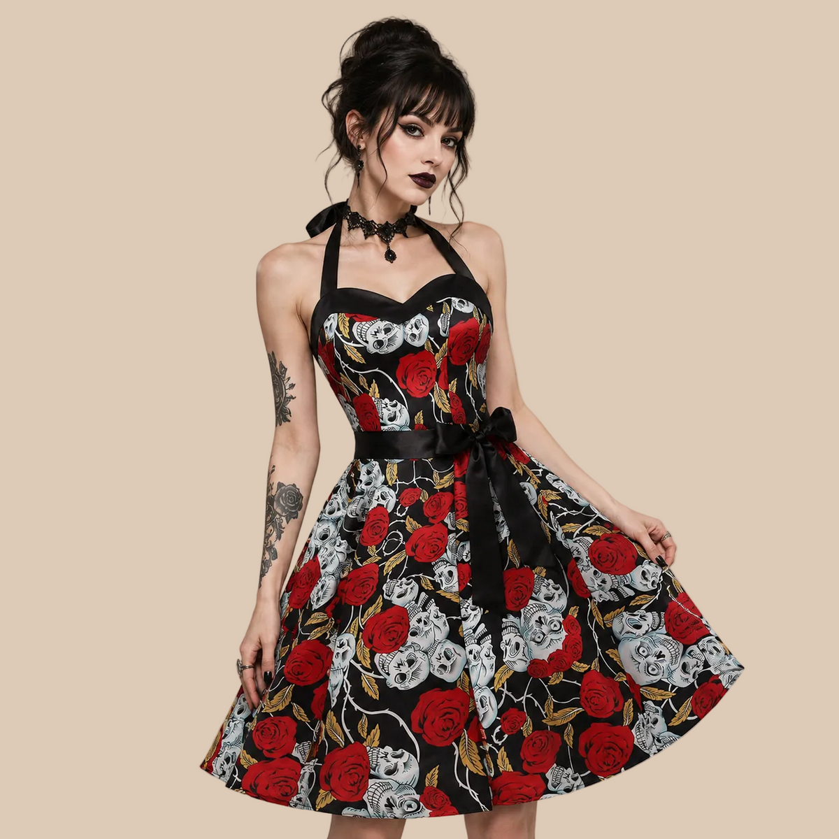 Halter-neck dress with red roses and skull motifs, front view