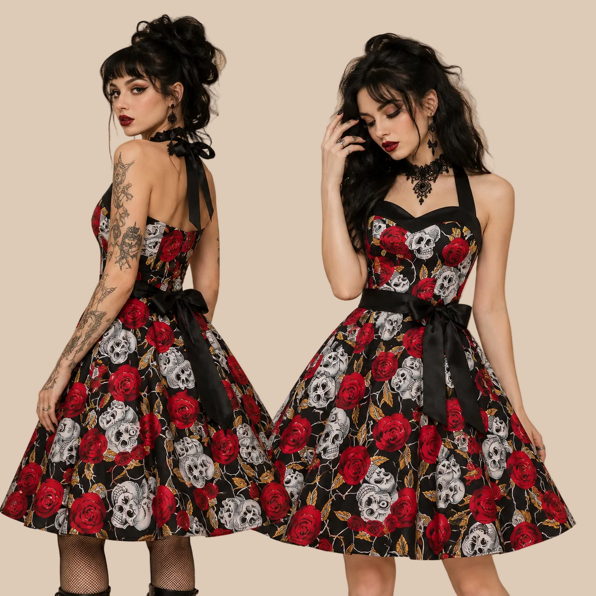 Halter-neck dress with red roses and skull motifs, shown in two poses
