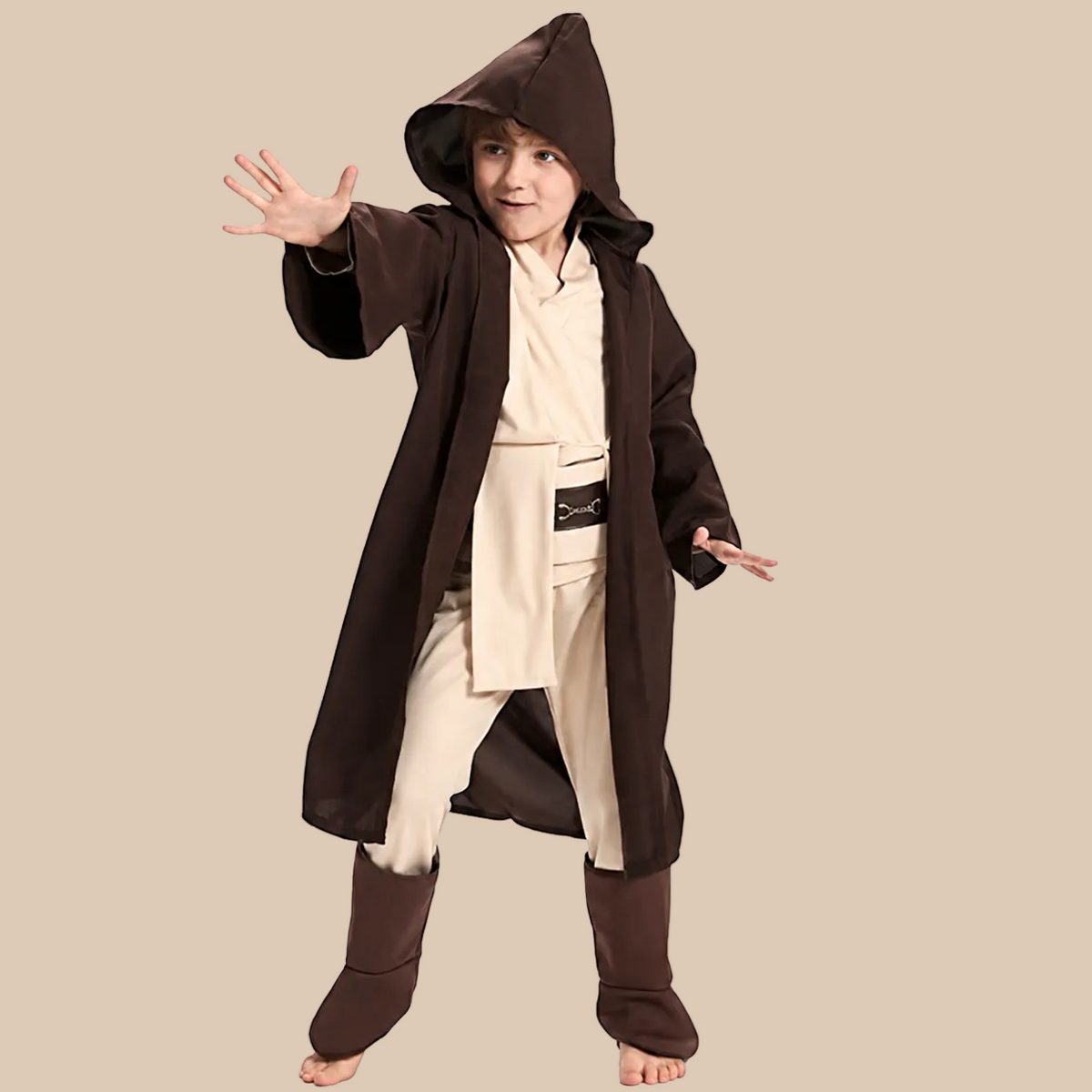 Child’s brown hooded space-fantasy costume, front view