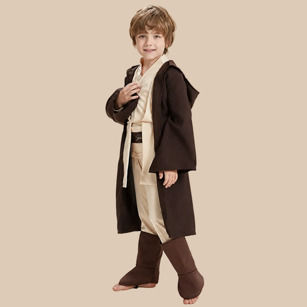 Child’s brown hooded space-fantasy costume, alternate front view