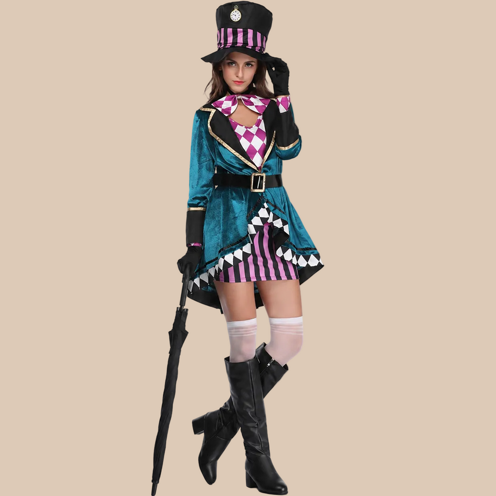 Women’s top-hat character costume with striped details, alternate front view