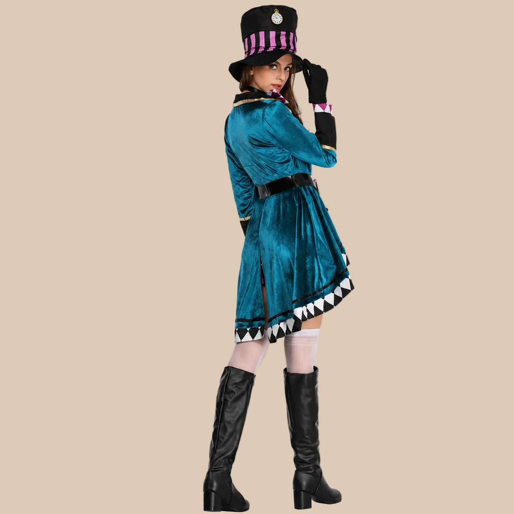 Women’s top-hat character costume with striped details, side view