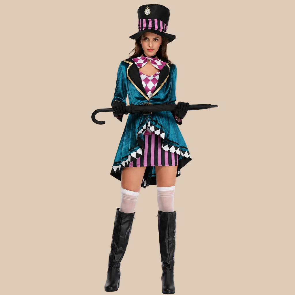 Women’s top-hat character costume with striped details, front view