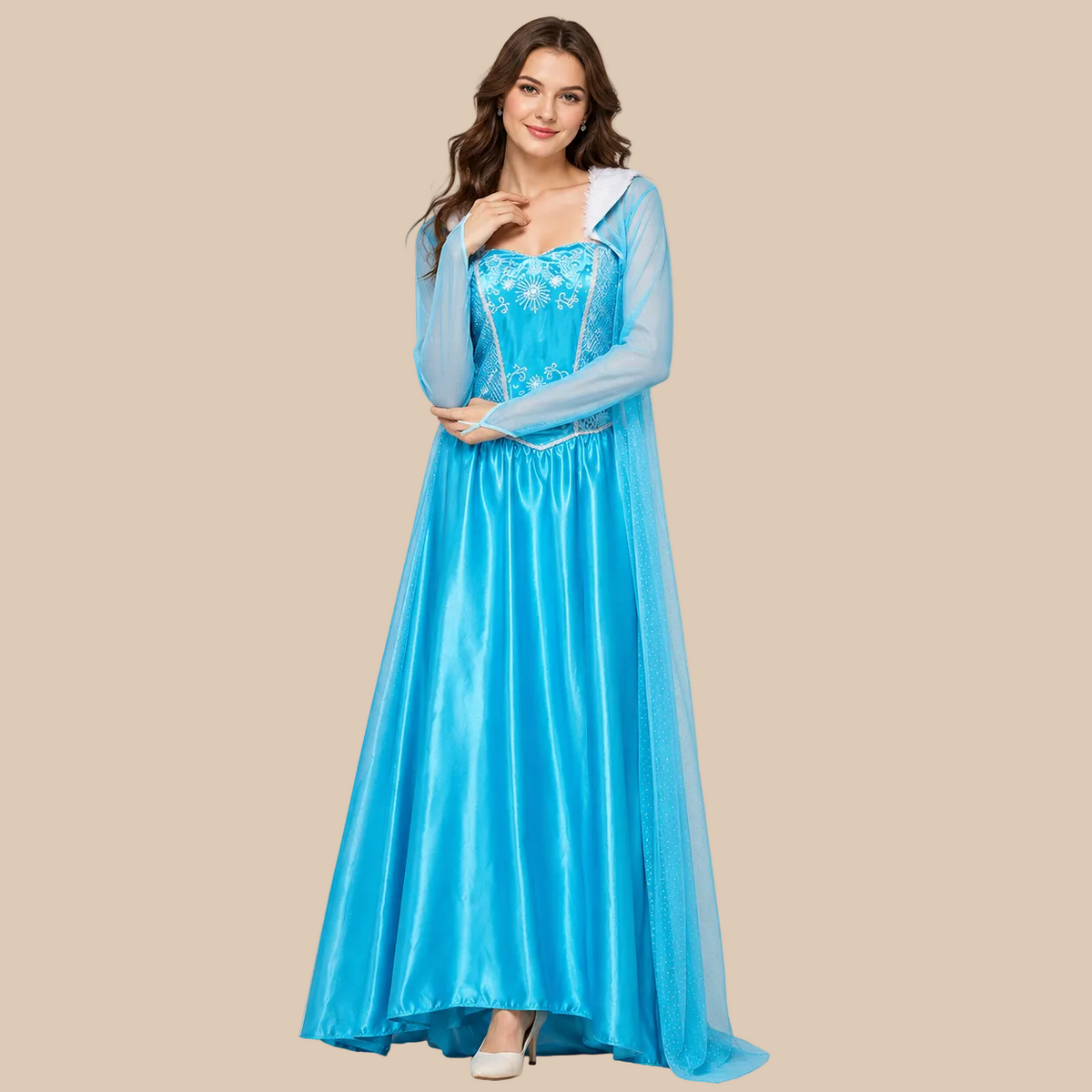 Long blue princess dress with sheer sleeves, front view