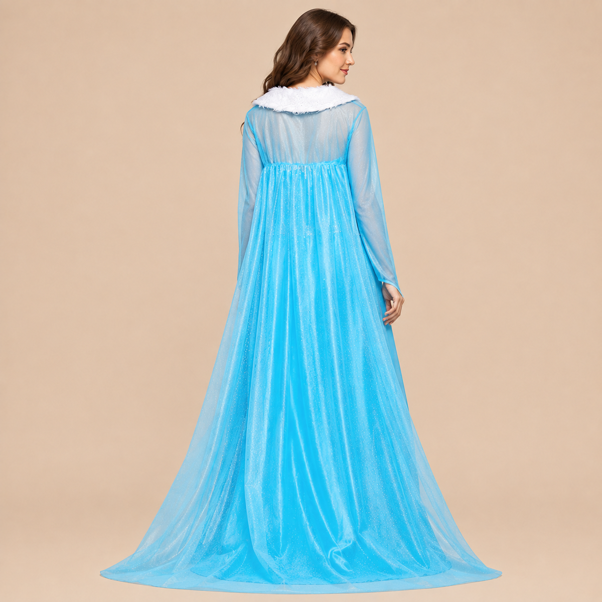 Long blue princess dress with sheer sleeves, back view