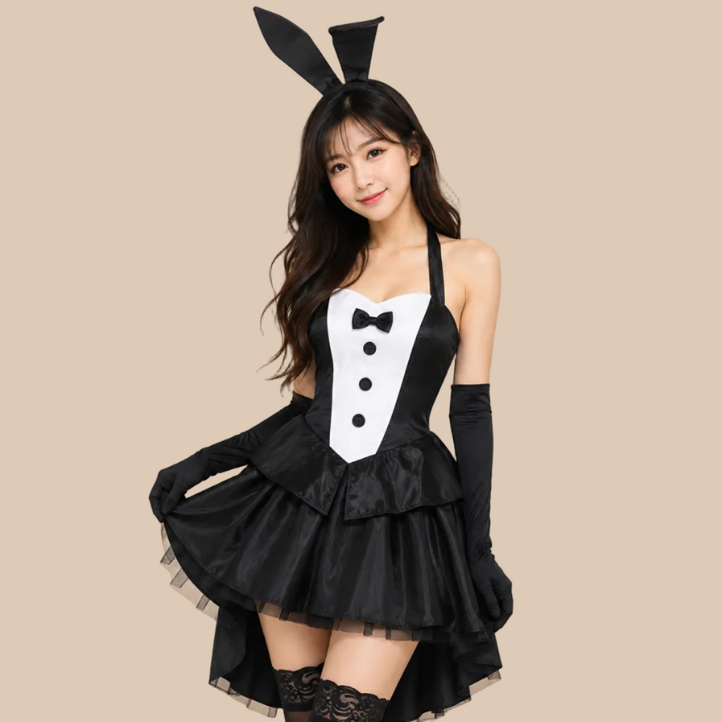 Black bunny-style dress with a white bib front, front view