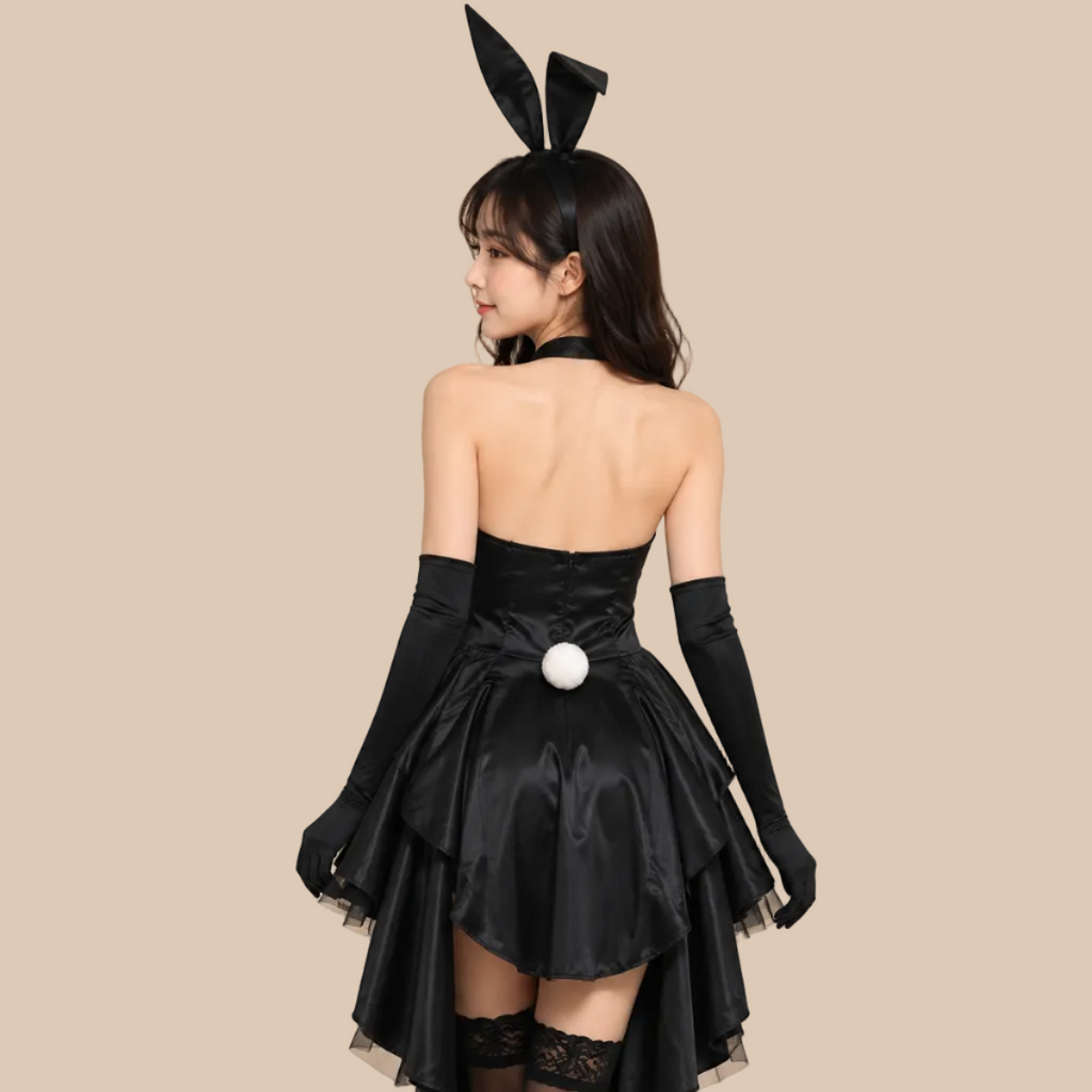 Black bunny-style dress with a white bib front, back view