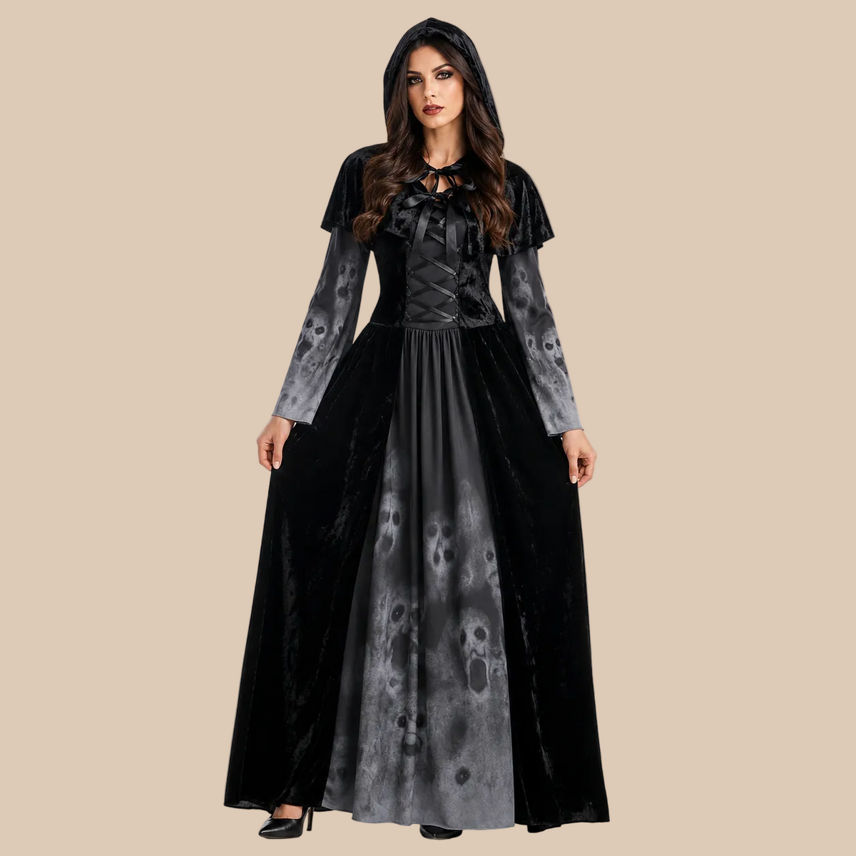 Long black hooded gothic dress with flared sleeves, front view