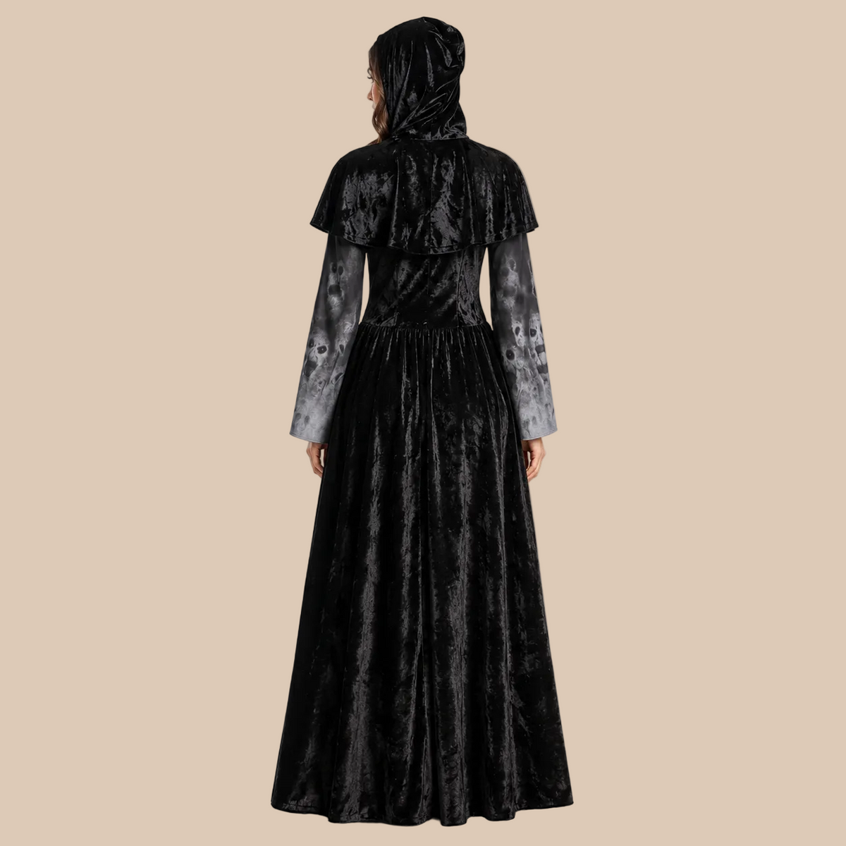 Long black hooded gothic dress with flared sleeves, back view