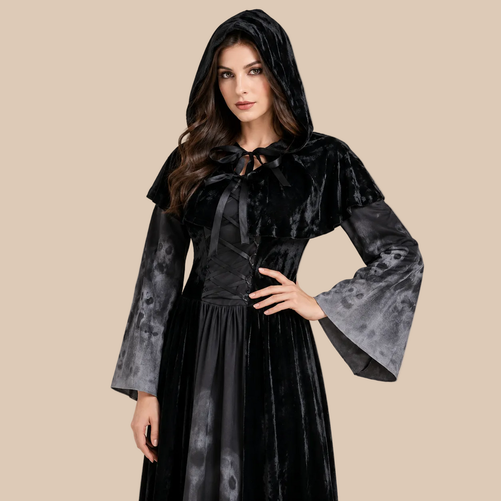 Long black hooded gothic dress with flared sleeves, bodice details