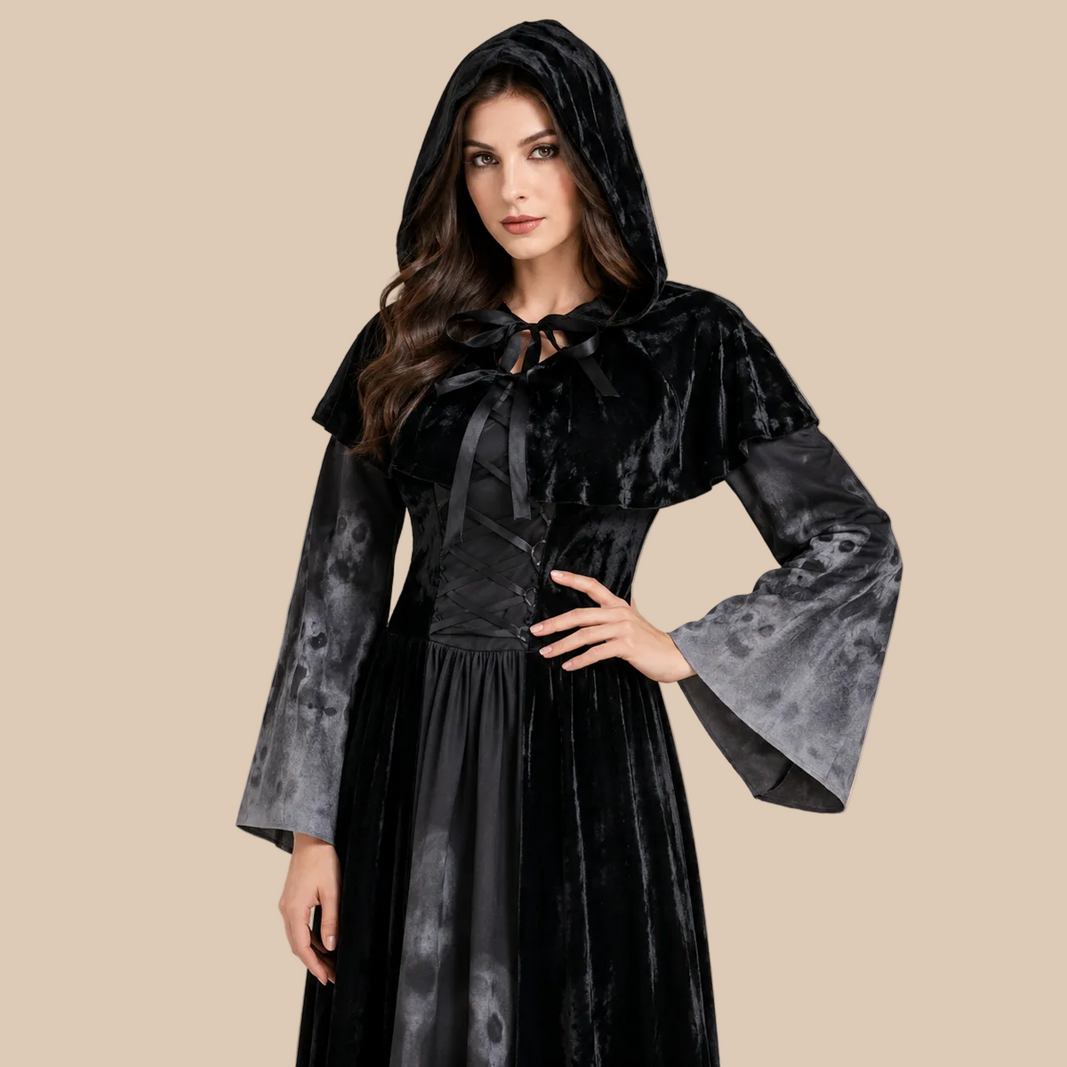 Long black hooded gothic dress with flared sleeves, bodice details