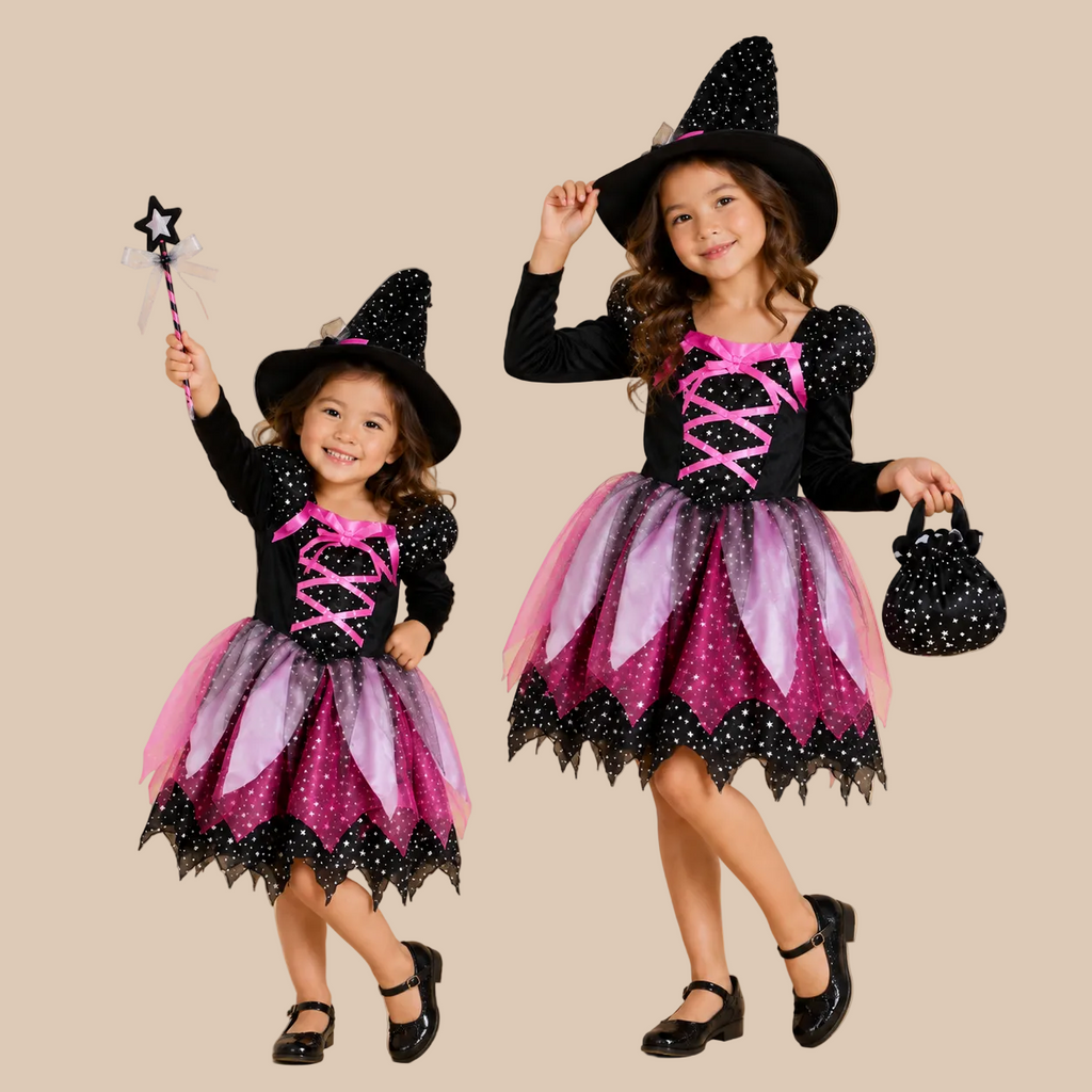 Girl’s witch dress with a laced bodice and pointed skirt, shown in two poses