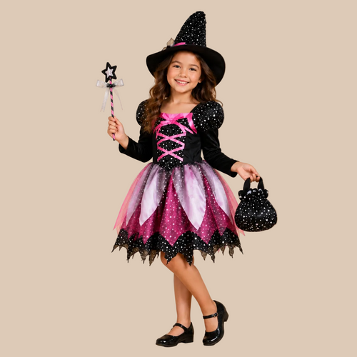 Girl’s witch dress with a laced bodice and pointed skirt, front view