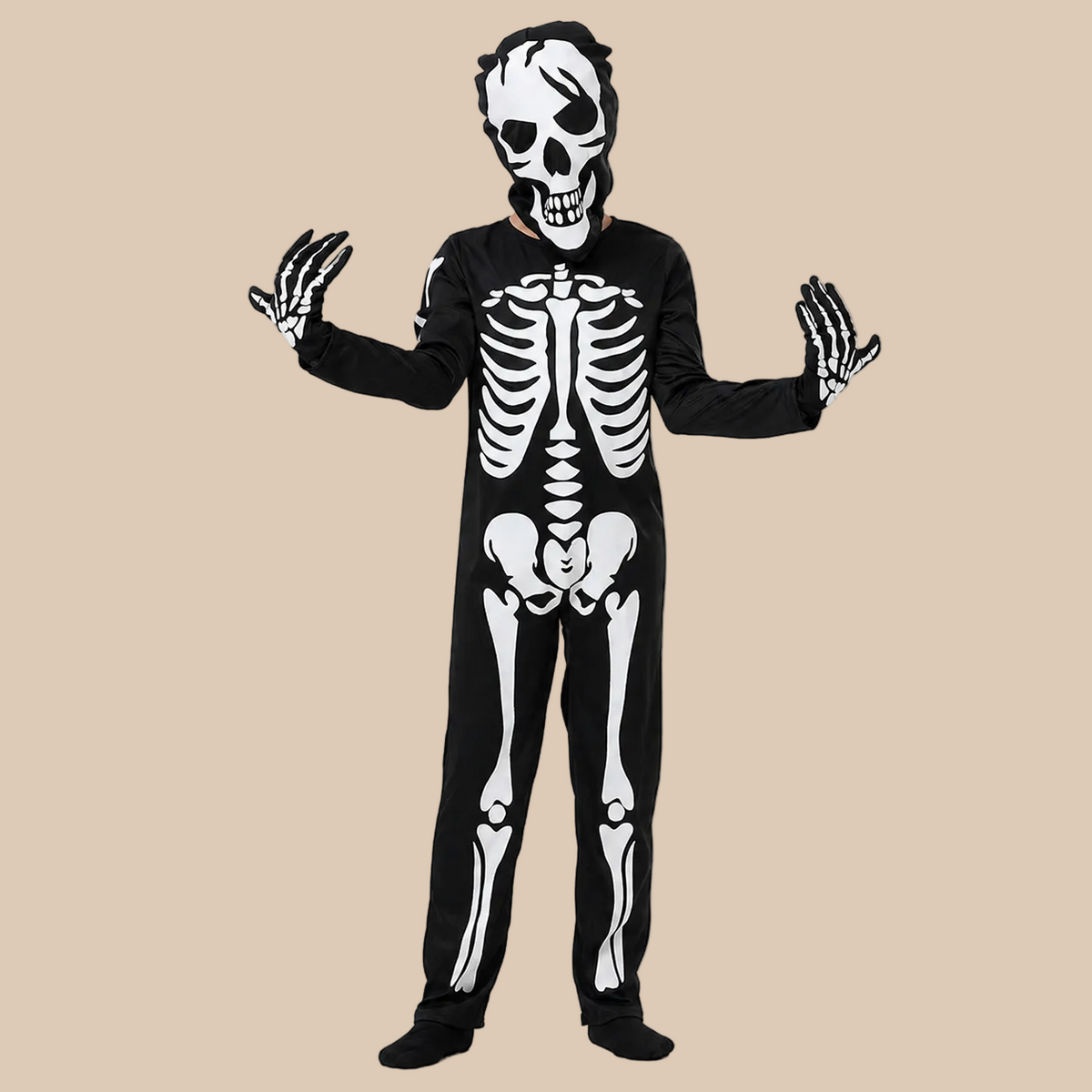 Black skeleton-print costume for a child, front view
