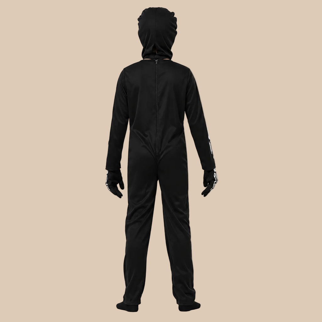 Black skeleton-print costume for a child, back view