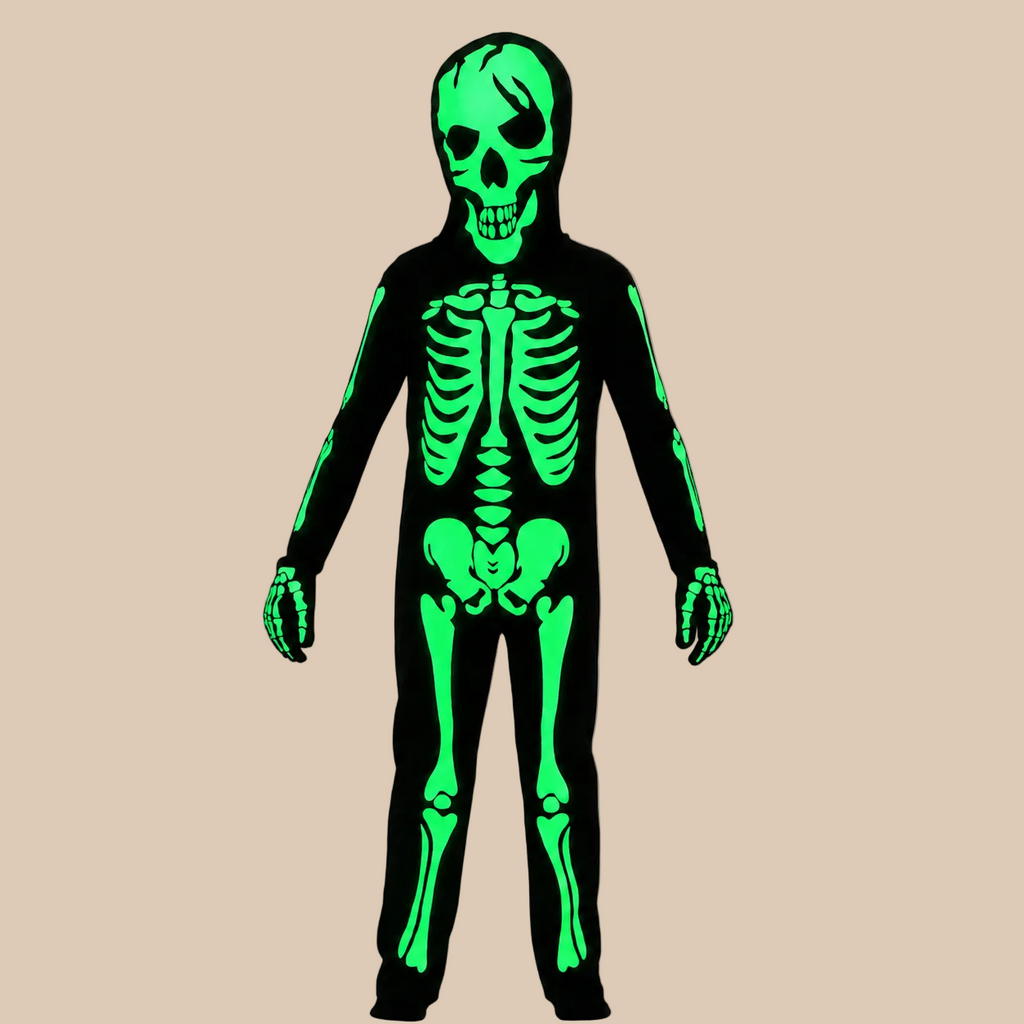 Black skeleton-print costume for a child, illustration of the luminous skeleton print