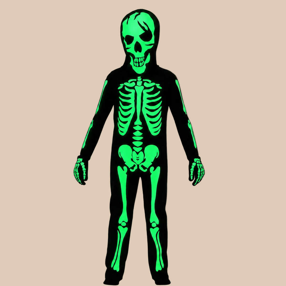Black skeleton-print costume for a child, illustration of the luminous skeleton print