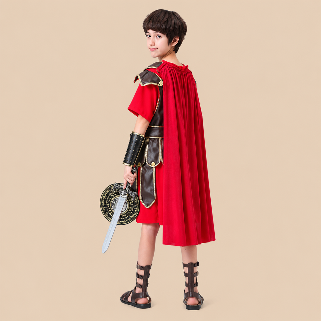 Child’s red Roman warrior costume with decorative armour, side view