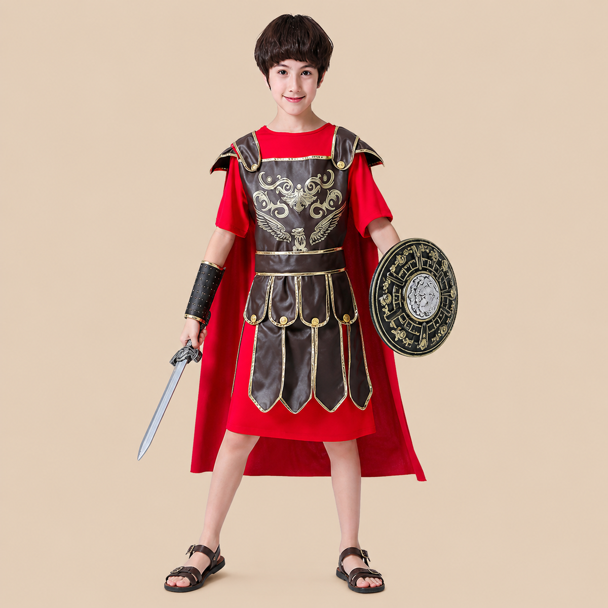 Child’s red Roman warrior costume with decorative armour, front view