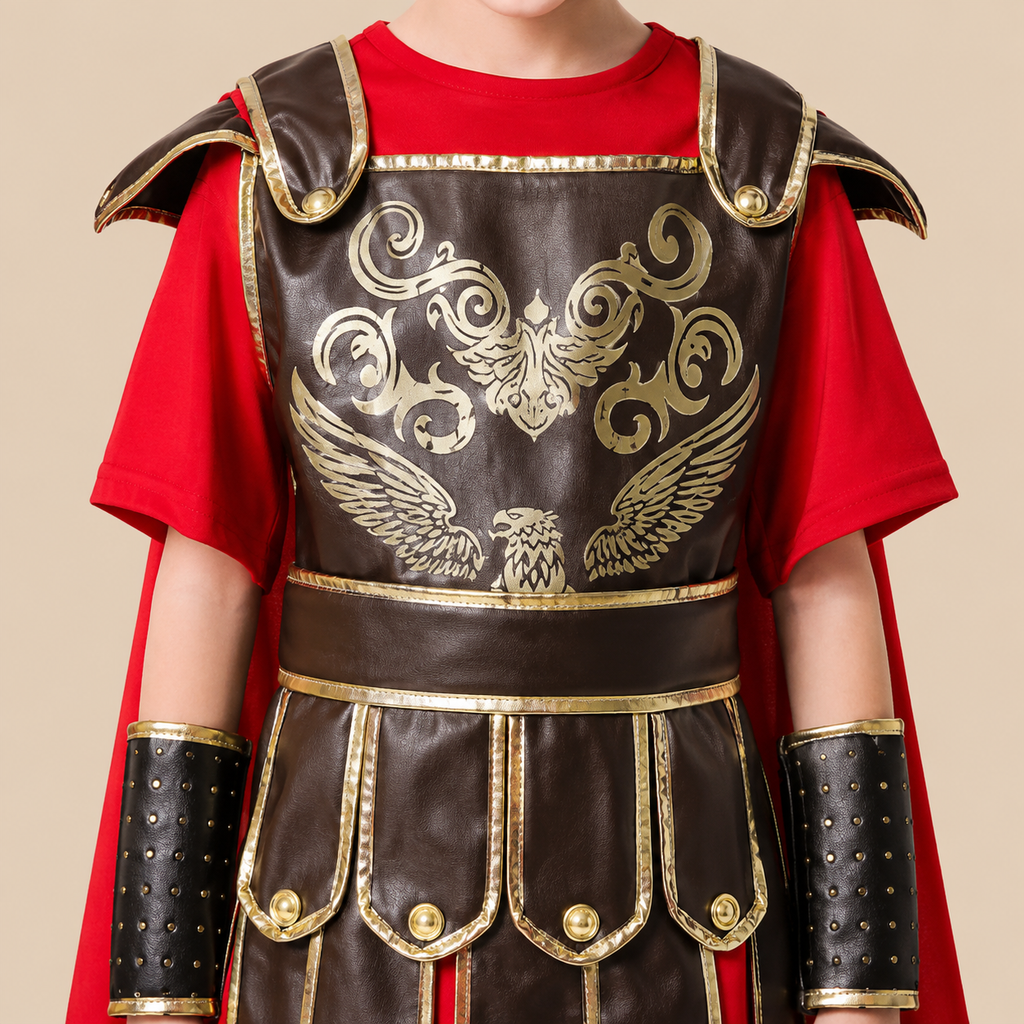 Child’s red Roman warrior costume with decorative armour, bodice details