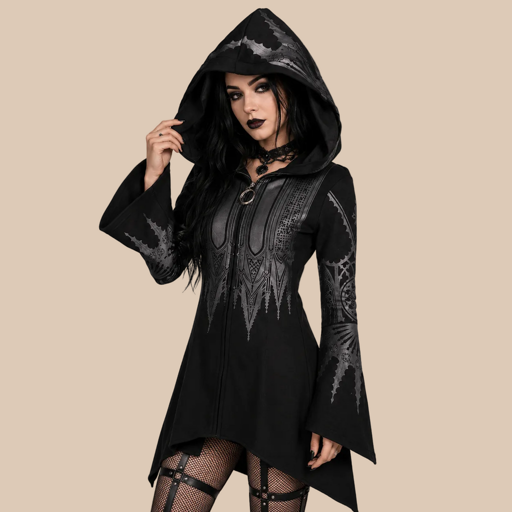 Women’s black printed hooded tunic with flared sleeves, front view