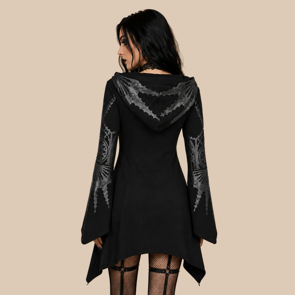 Women’s black printed hooded tunic with flared sleeves, back view