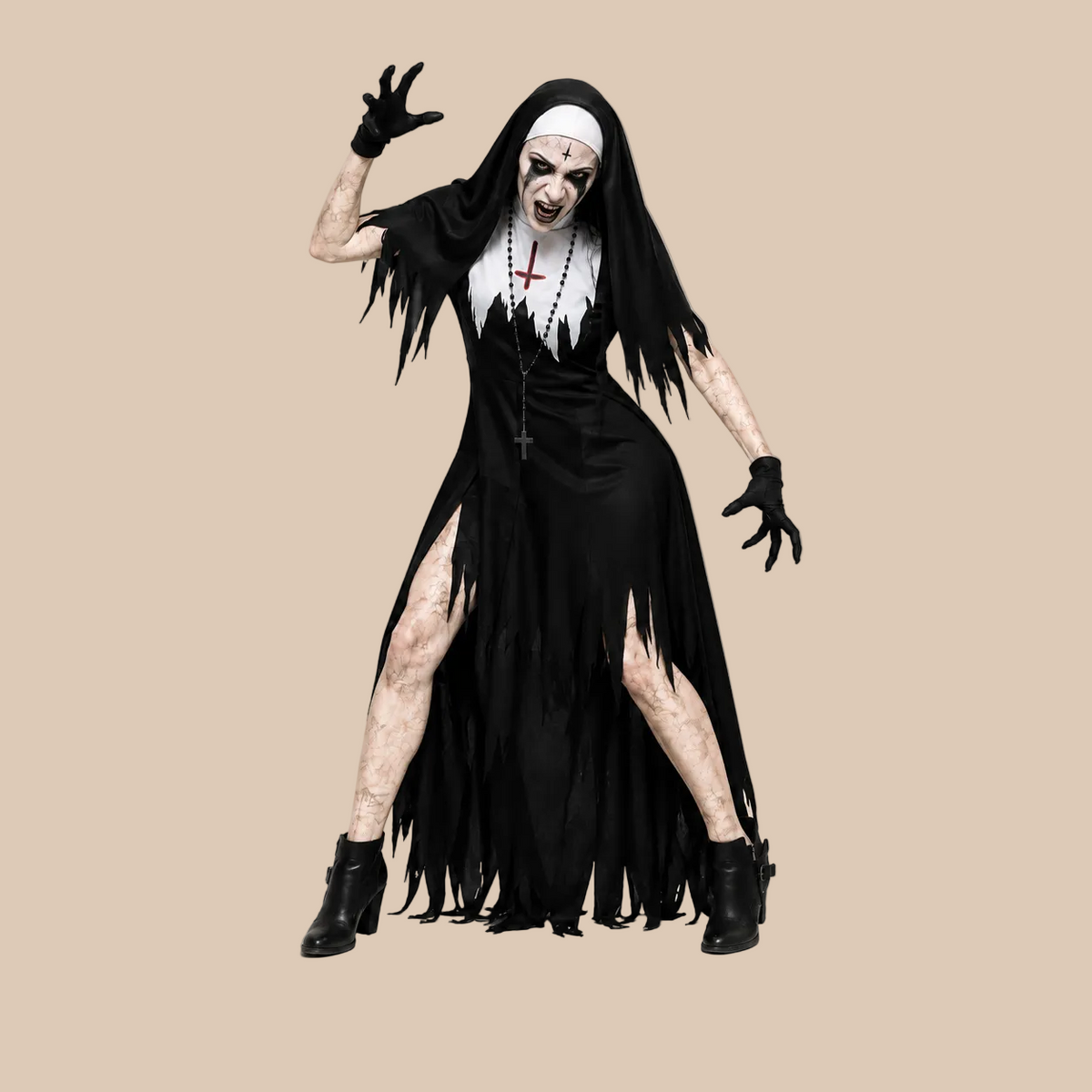 Women’s black and white horror nun costume, front view