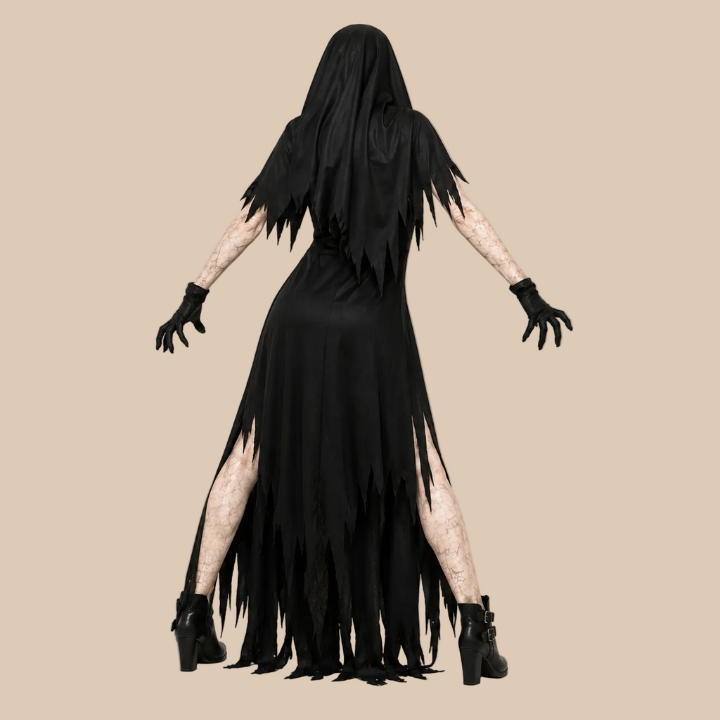 Women’s black and white horror nun costume, back view