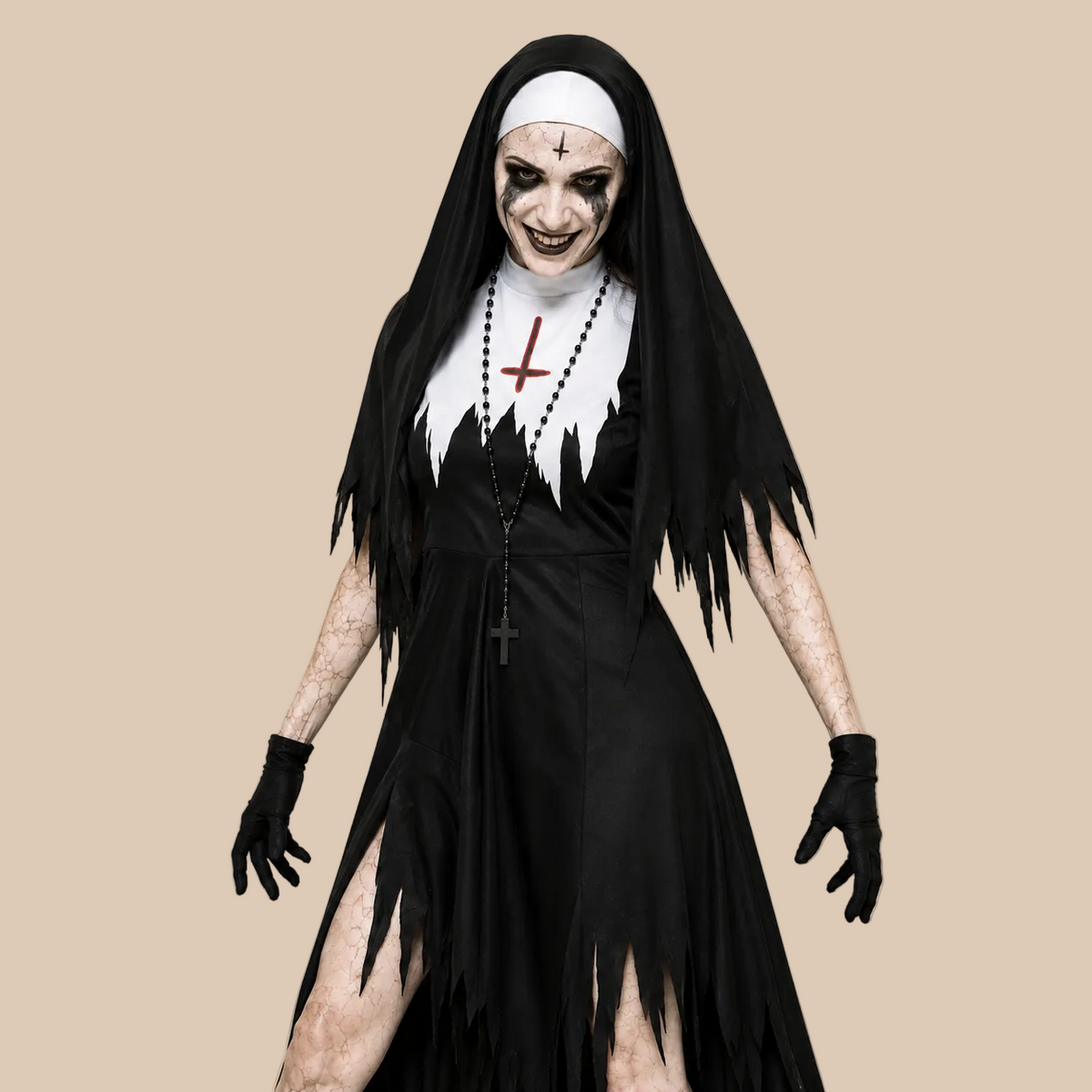 Women’s black and white horror nun costume, close-up view