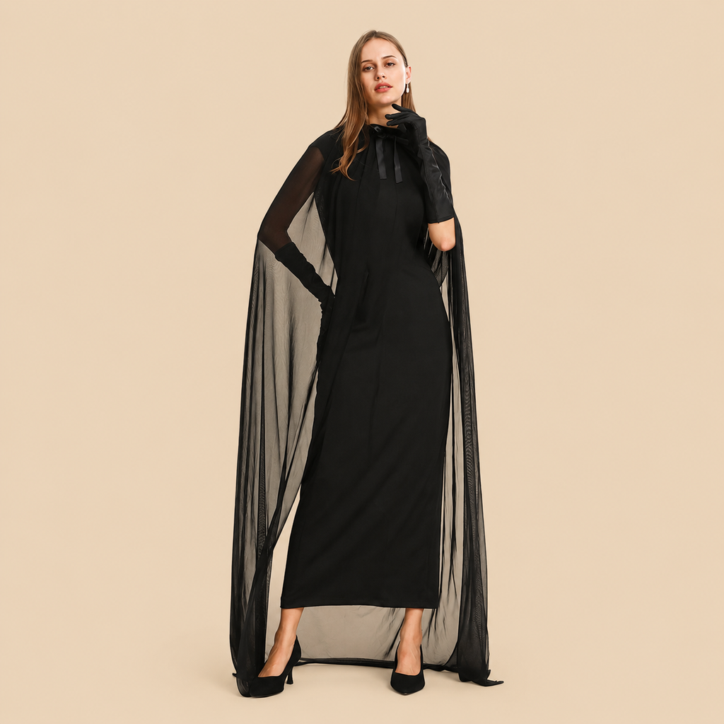 Women’s fitted black dress with a long silhouette, front view