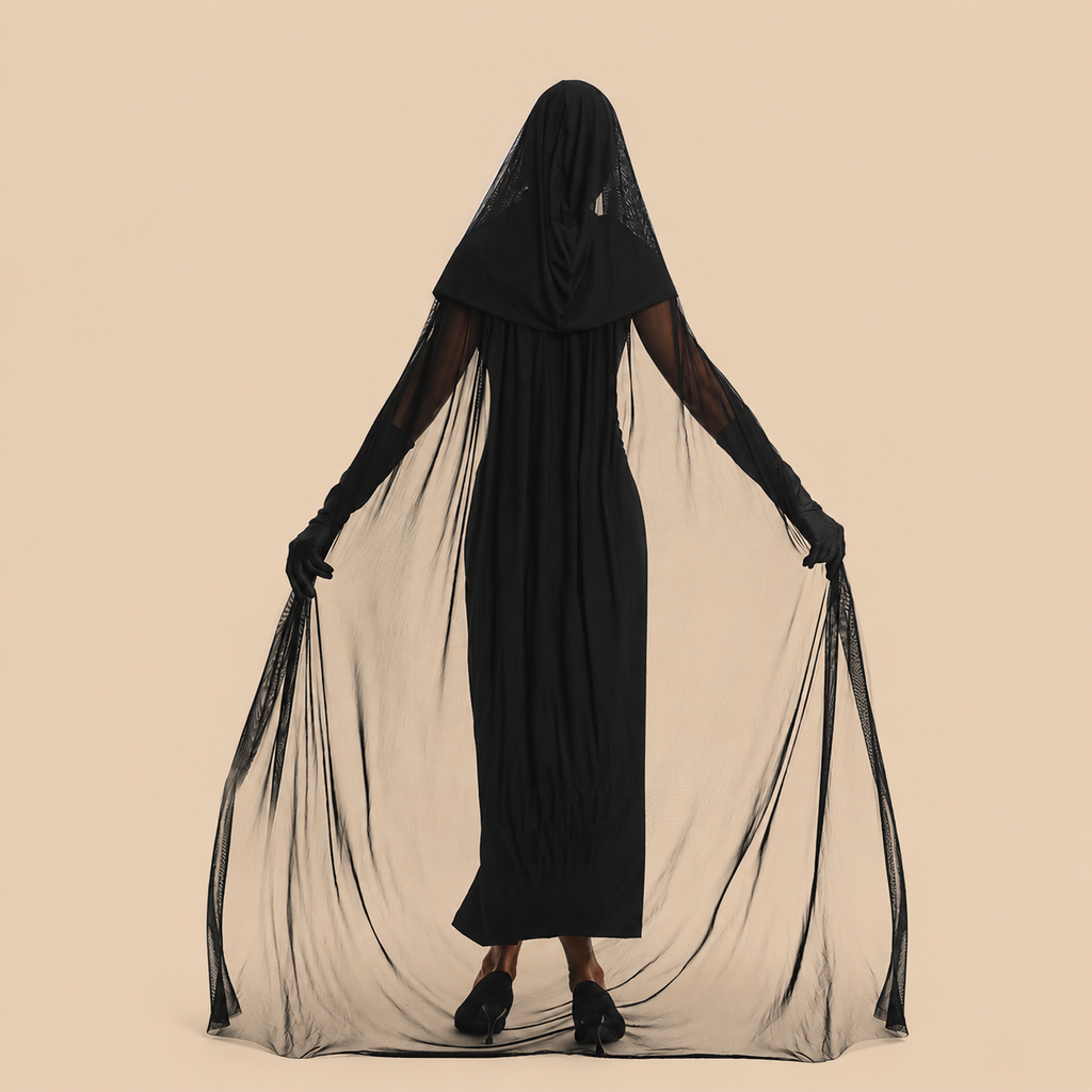 Women’s fitted black dress with a long silhouette, back view