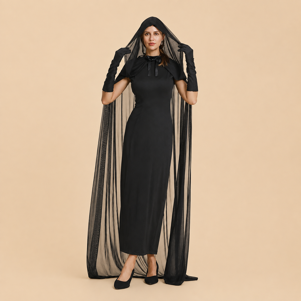 Women’s fitted black dress with a long silhouette, alternate front view