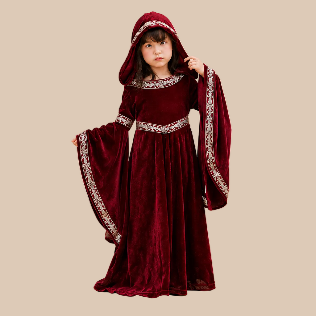 Girl’s dark red hooded dress with flared sleeves, front view