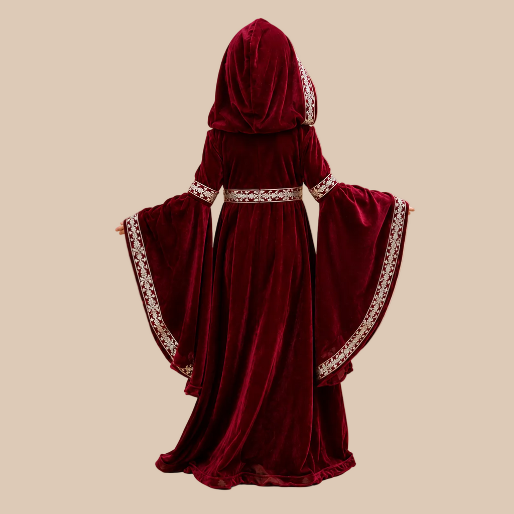 Girl’s dark red hooded dress with flared sleeves, back view