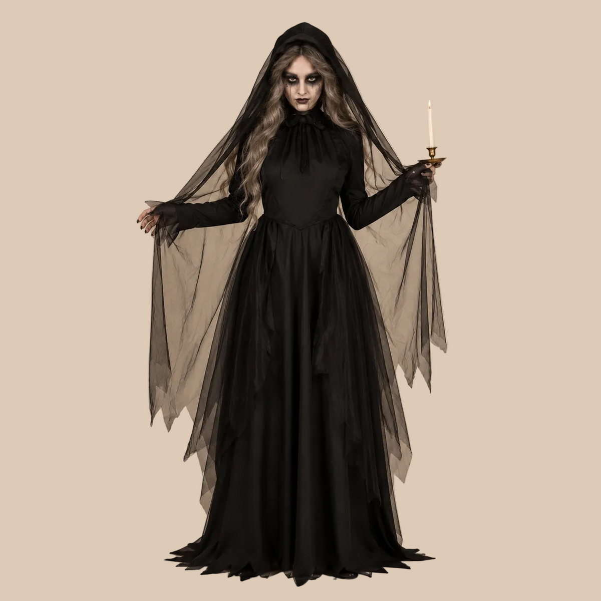 Long black gothic dress with a fitted waist, front view