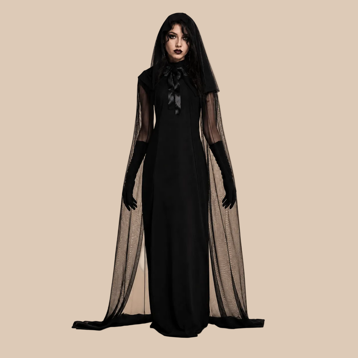 Long black gothic dress with a high neckline, front view