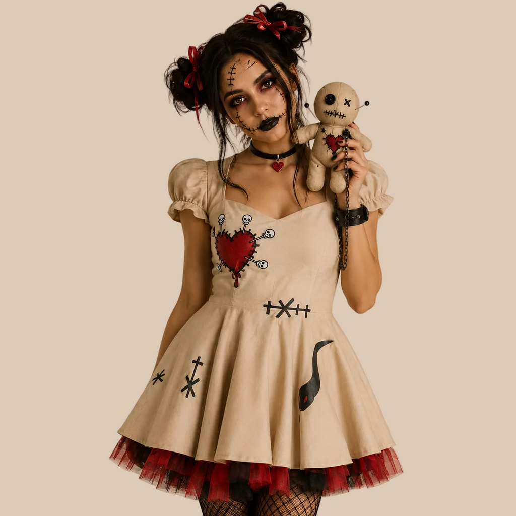 Beige doll-style dress with heart and stitch motifs, bodice details