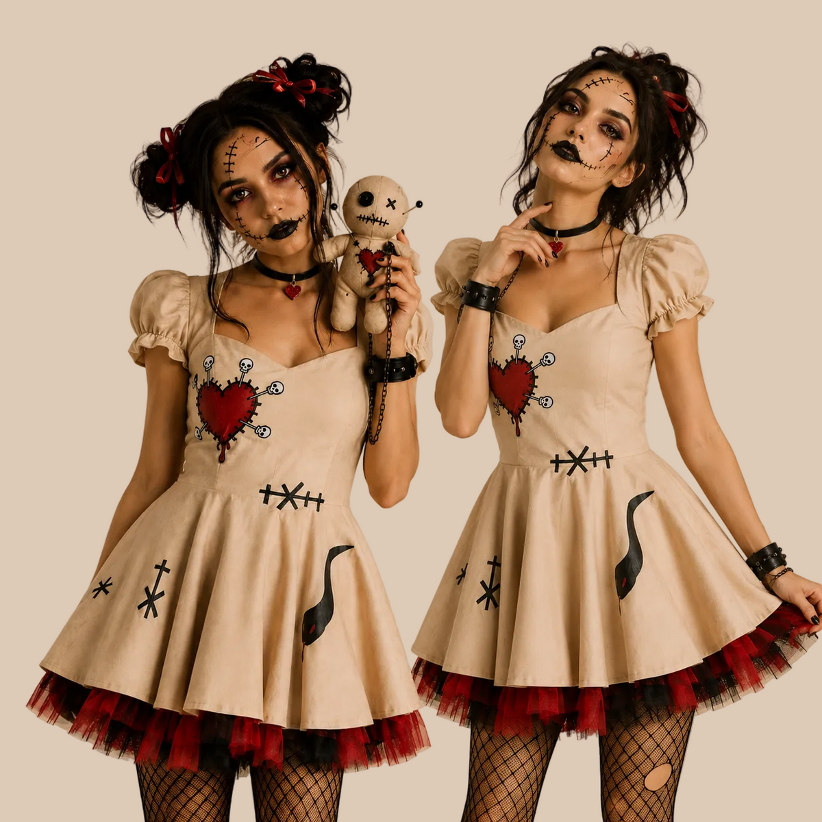 Beige doll-style dress with heart and stitch motifs, shown in two poses